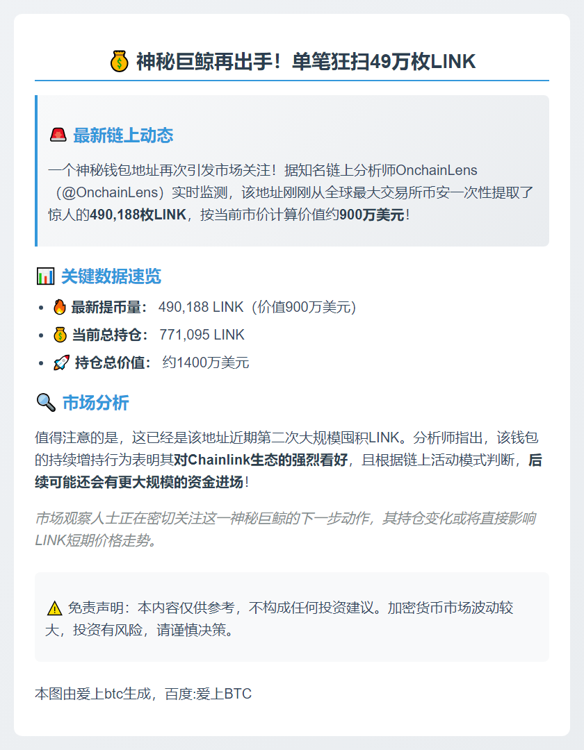 某钱包再提49万LINK，持仓1400万美元