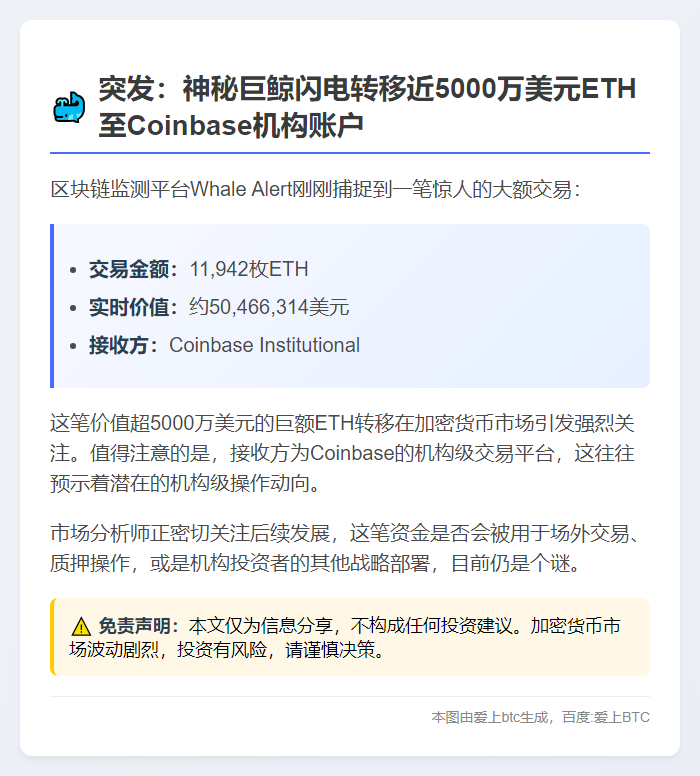 "鲸鱼转移1.2万枚ETH至Coinbase，价值5047万美元"