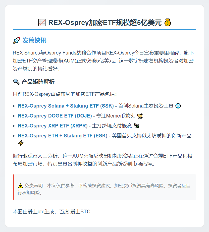 REX-Osprey加密ETF规模超5亿美元