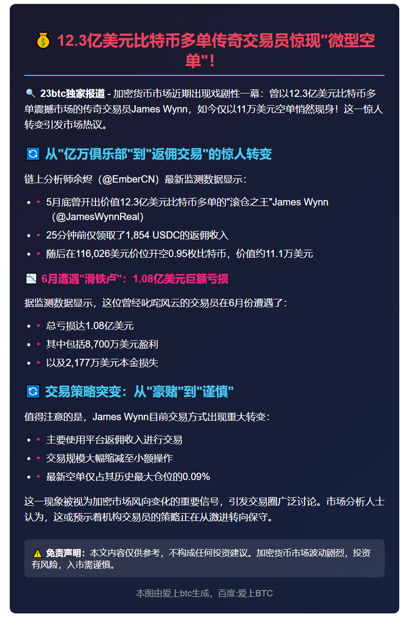 "交易员James Wynn比特币持仓大减至11万美元空单"