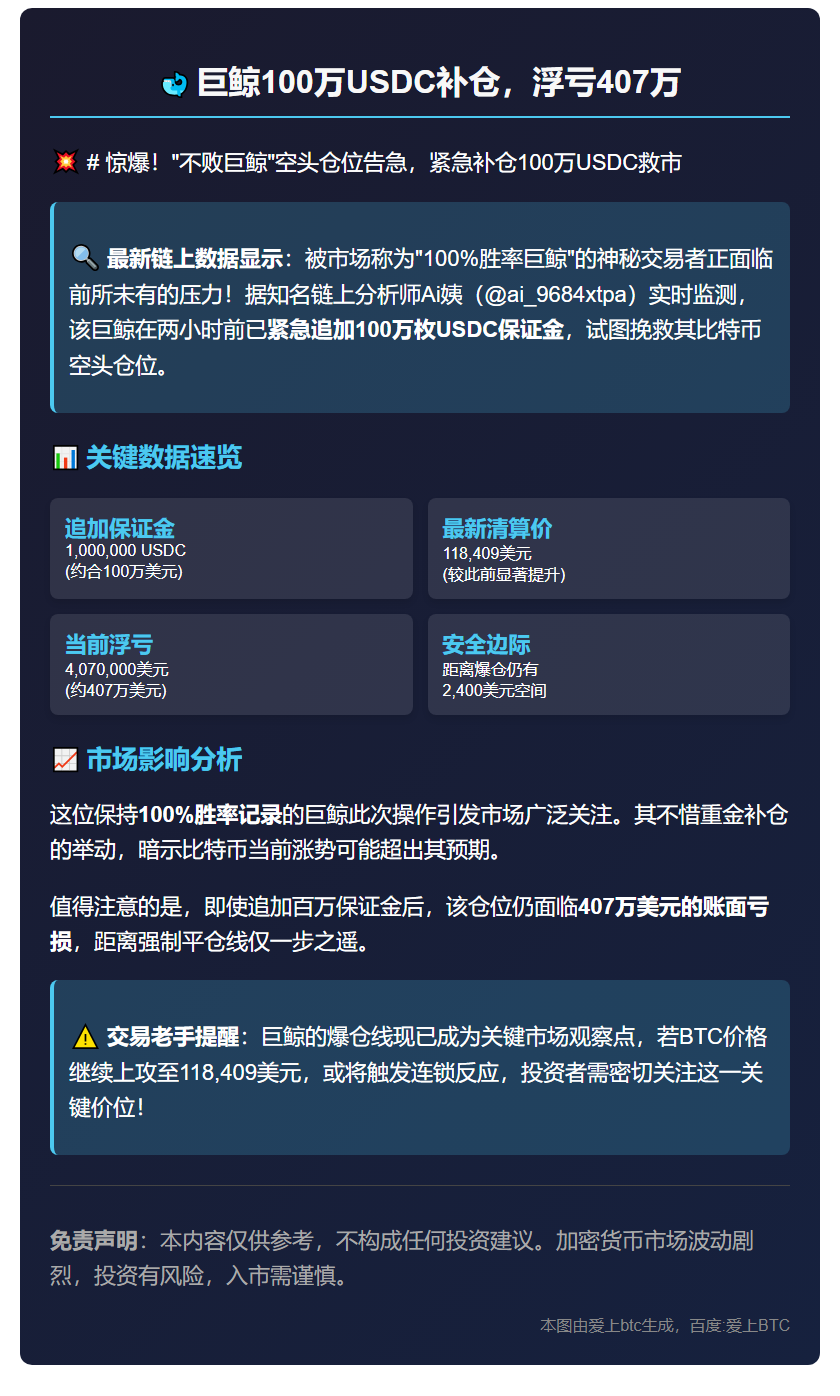巨鲸100万USDC补仓，浮亏407万