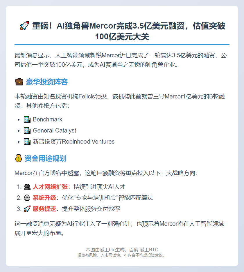 Mercor融资3.5亿美元，估值100亿美元