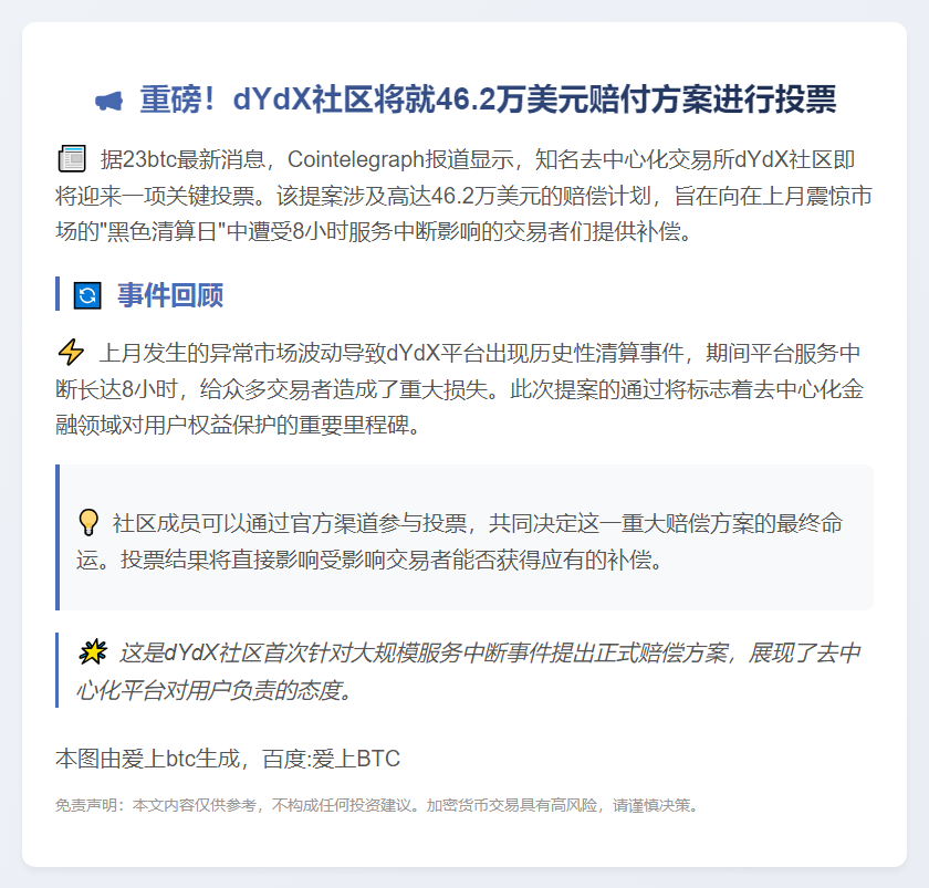 dYdX社区将投票赔偿46.2万美元