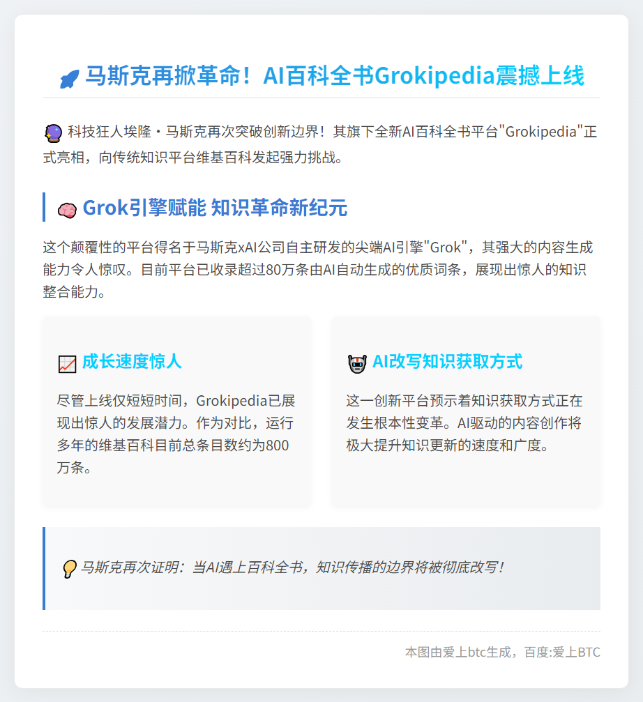 马斯克推AI百科Grokipedia 挑战维基