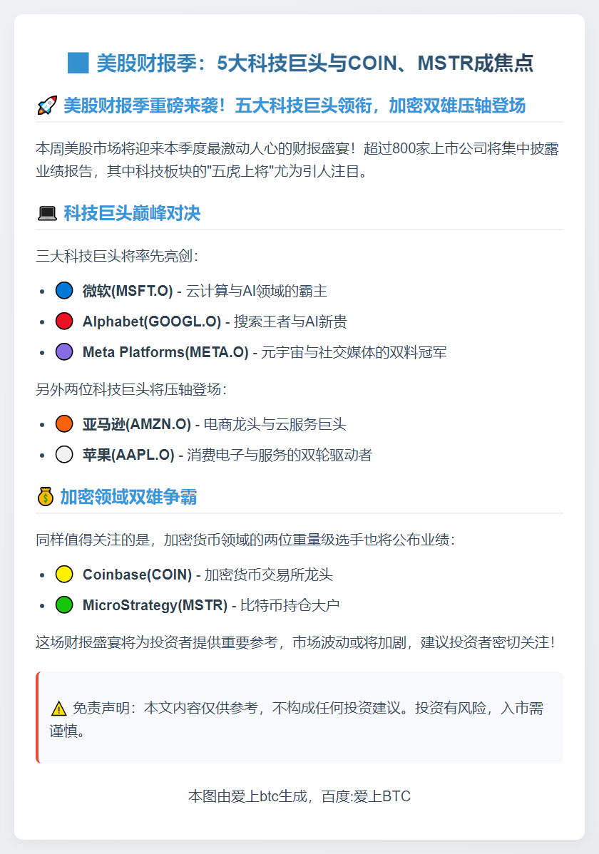美股财报季：5大科技巨头与COIN、MSTR成焦点