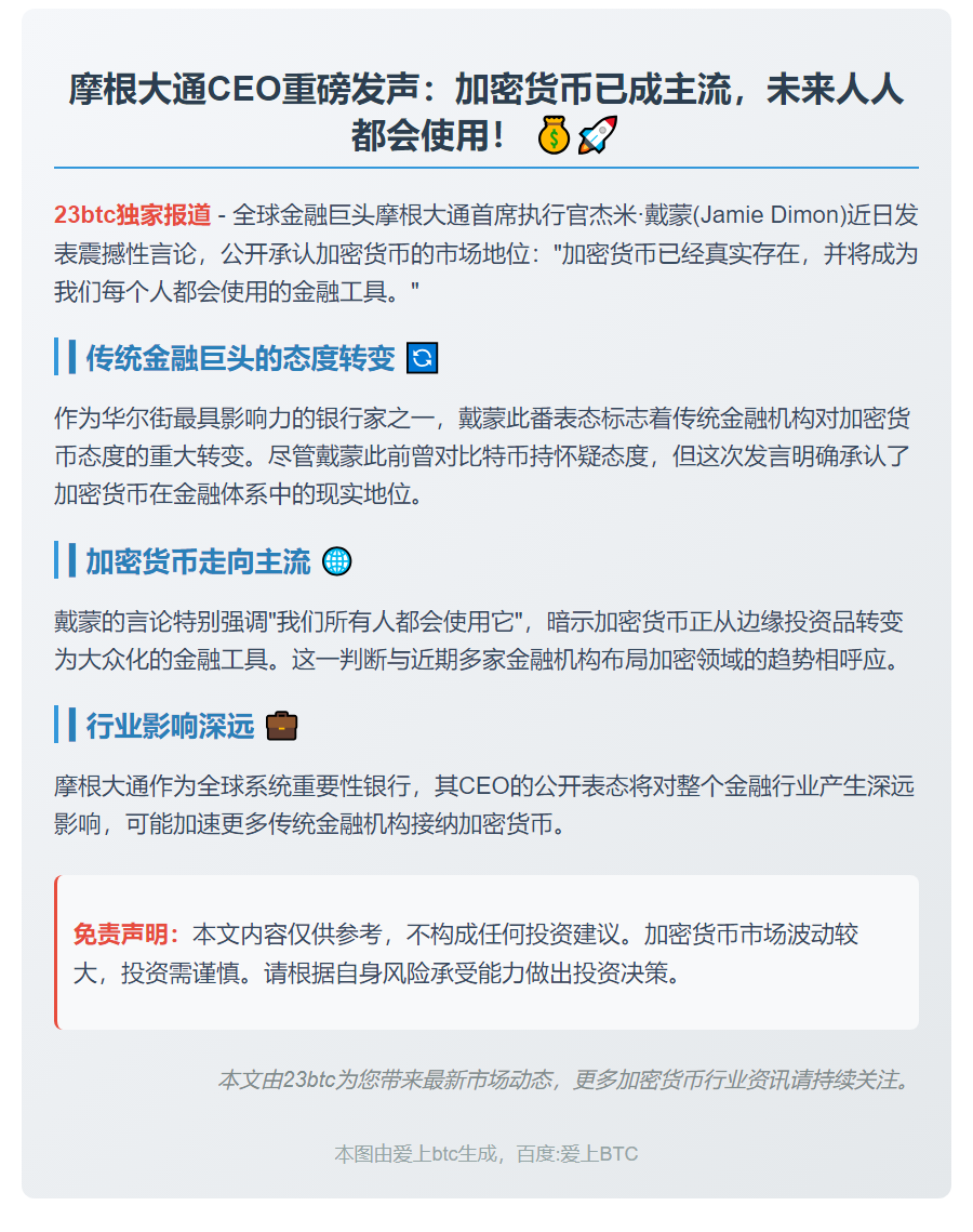 摩根大通CEO：加密货币将成主流