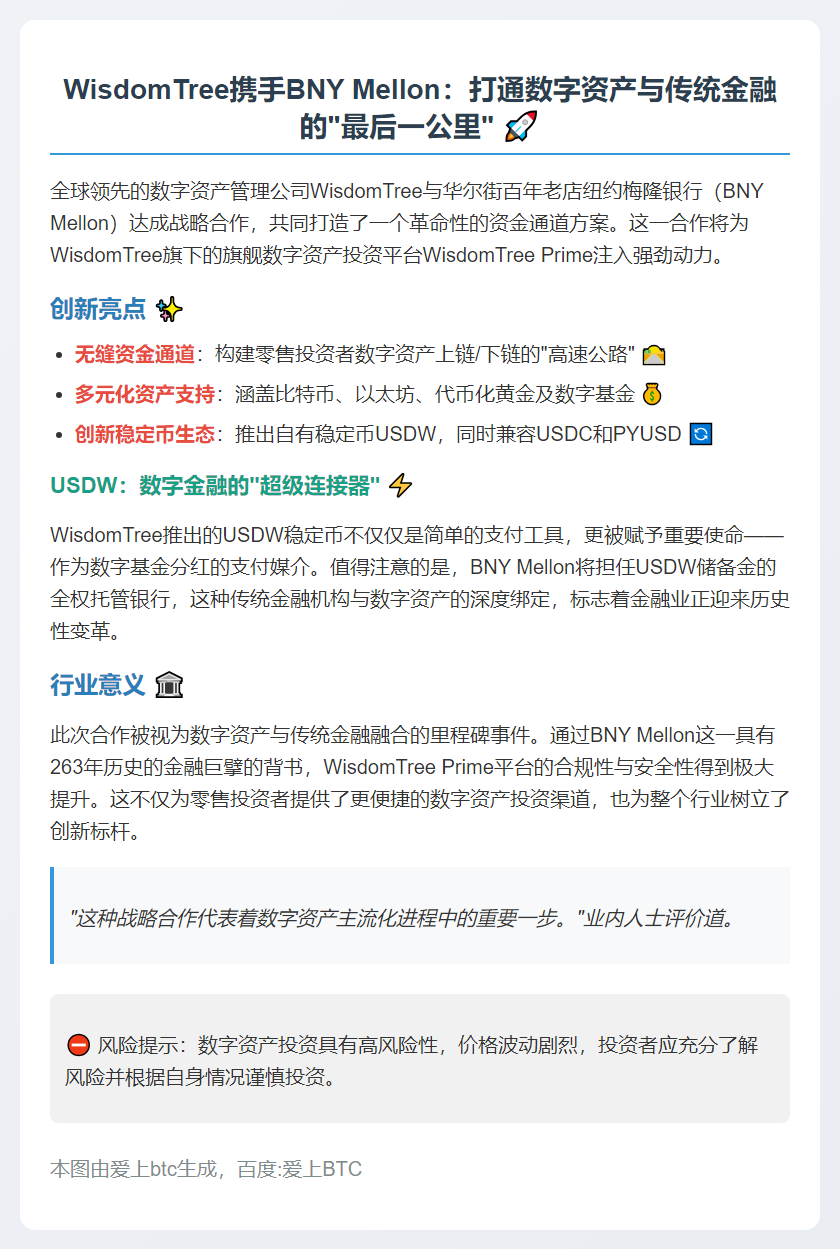 WisdomTree与BNY合推数字资产资金通道