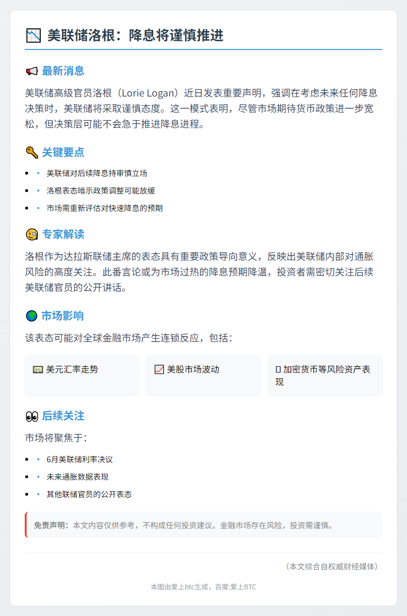 美联储洛根：降息将谨慎推进