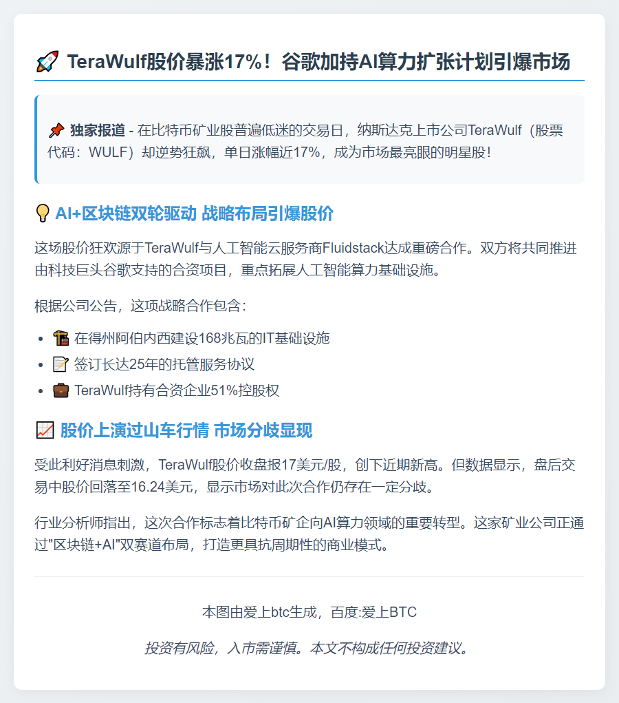 比特币矿企TeraWulf股价因谷歌AI计划大涨