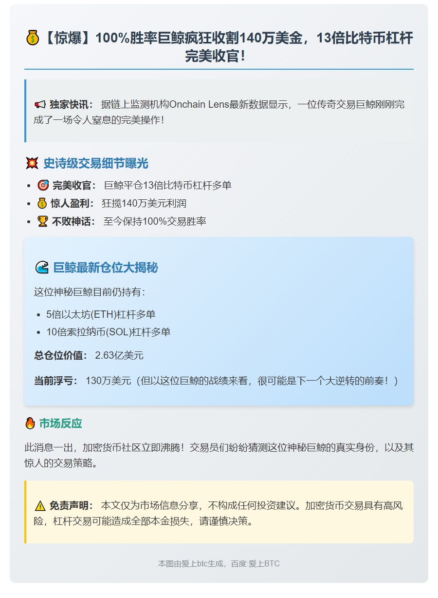 巨鲸清仓13倍比特币多单，获利140万