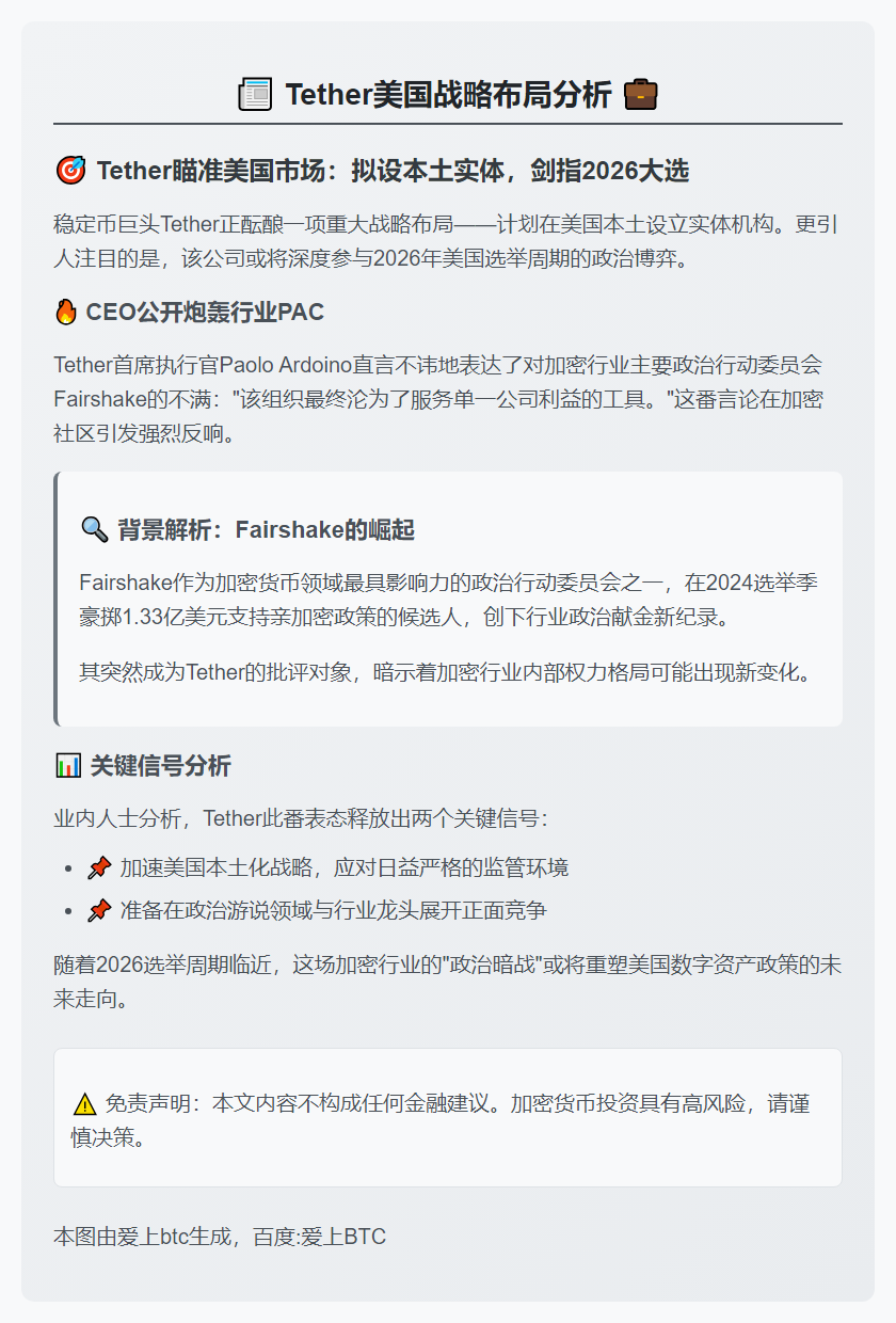 Tether或设美国实体 CEO不满Fairshake
