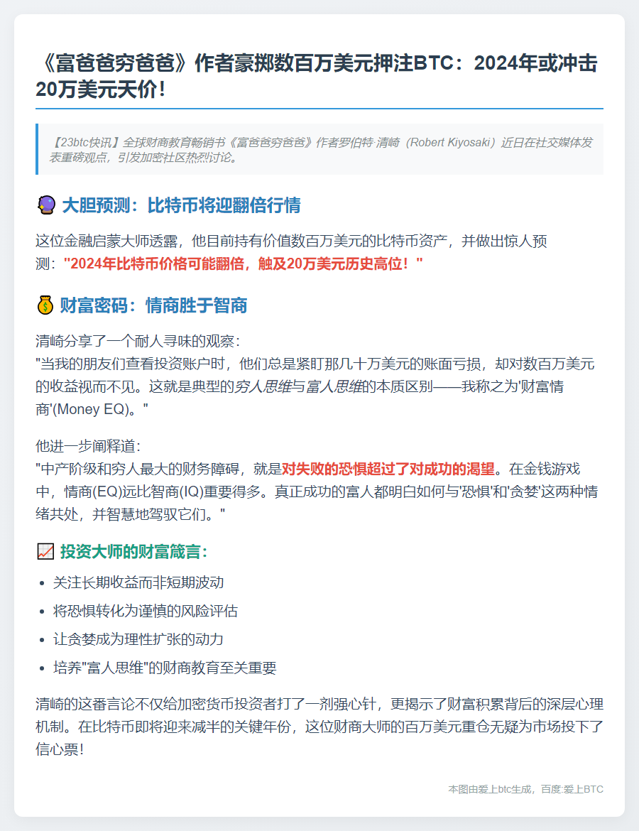 《富爸爸》作者：持数百万BTC，今年或涨至20万