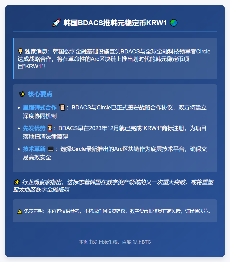 韩国BDACS推韩元稳定币KRW1