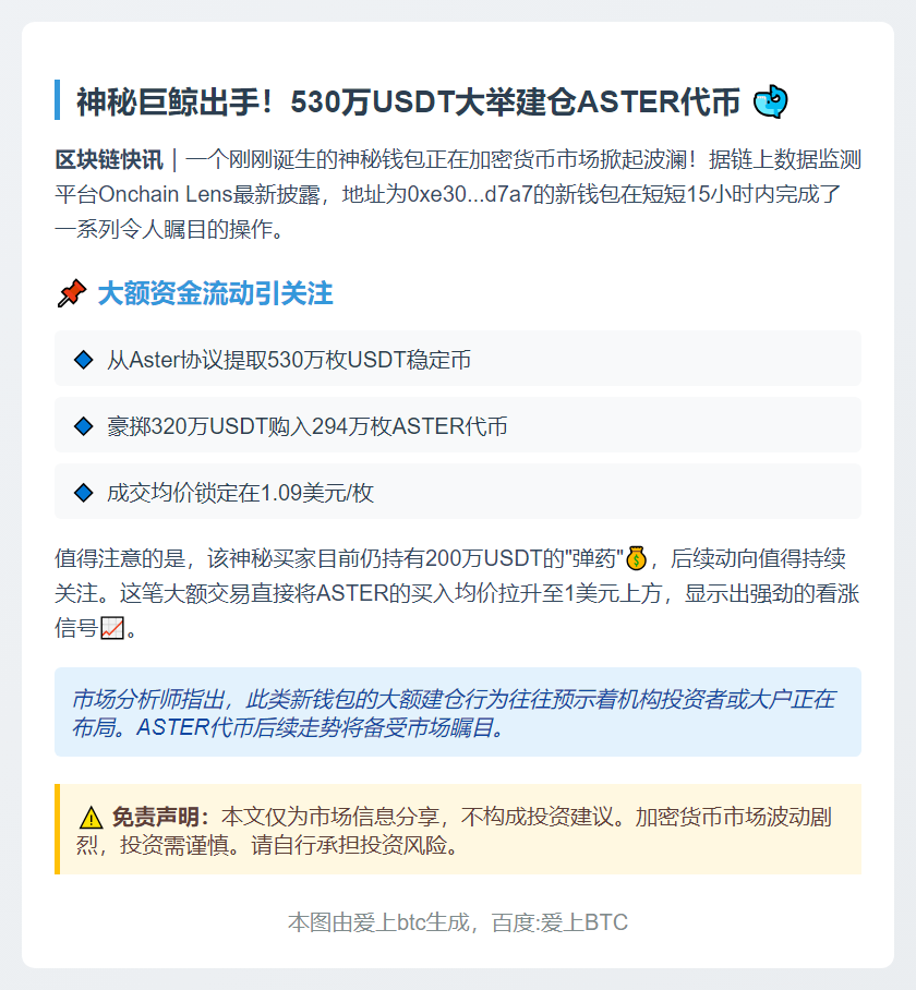 新钱包购入294万ASTER，提取530万USDT