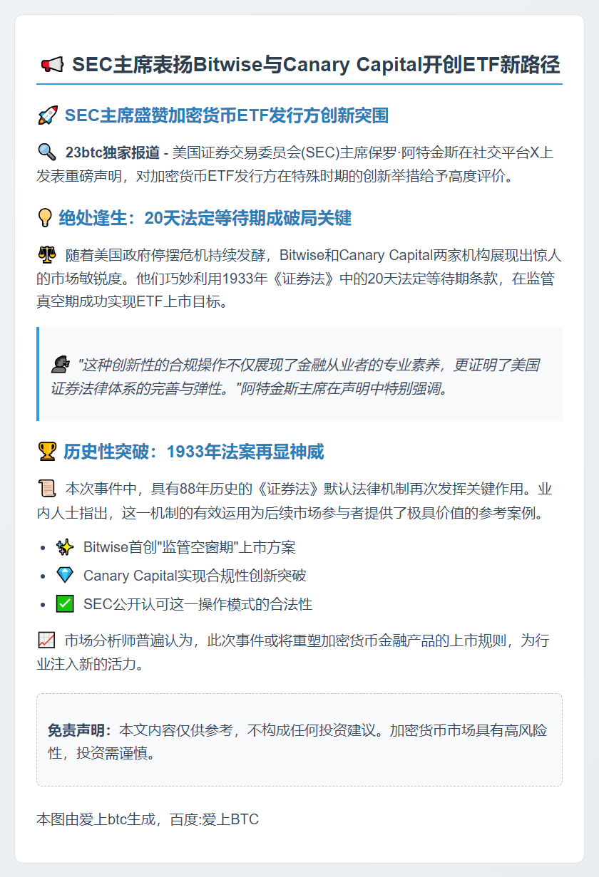 SEC主席表扬Bitwise与Canary Capital开创ETF新路径