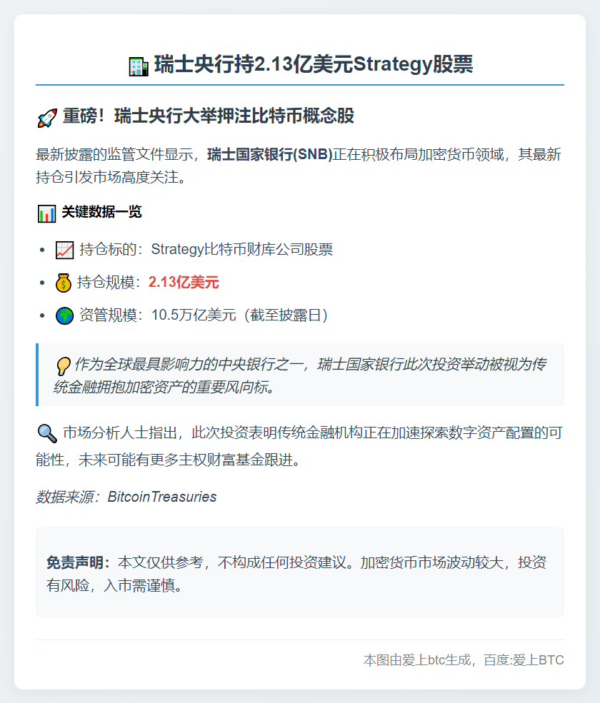 瑞士央行持2.13亿美元Strategy股票