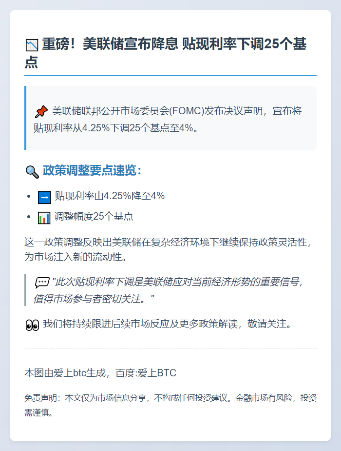 美联储下调贴现利率至4%