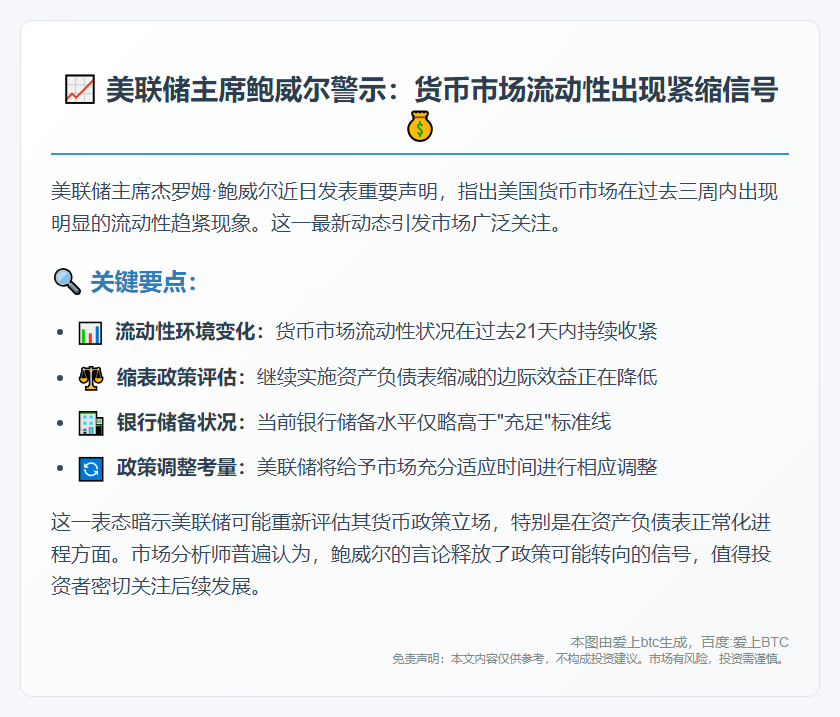 鲍威尔：货币市场流动性趋紧