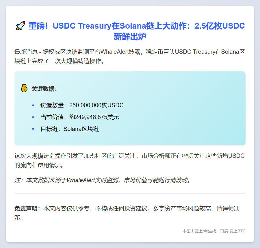 Solana链新增2.5亿USDC