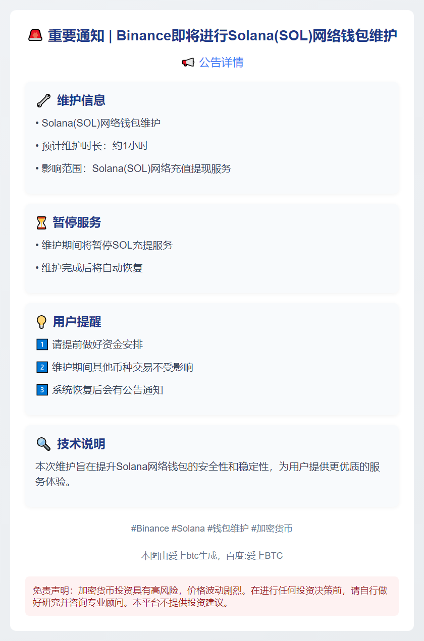 Binance暂停Solana钱包维护10月30日