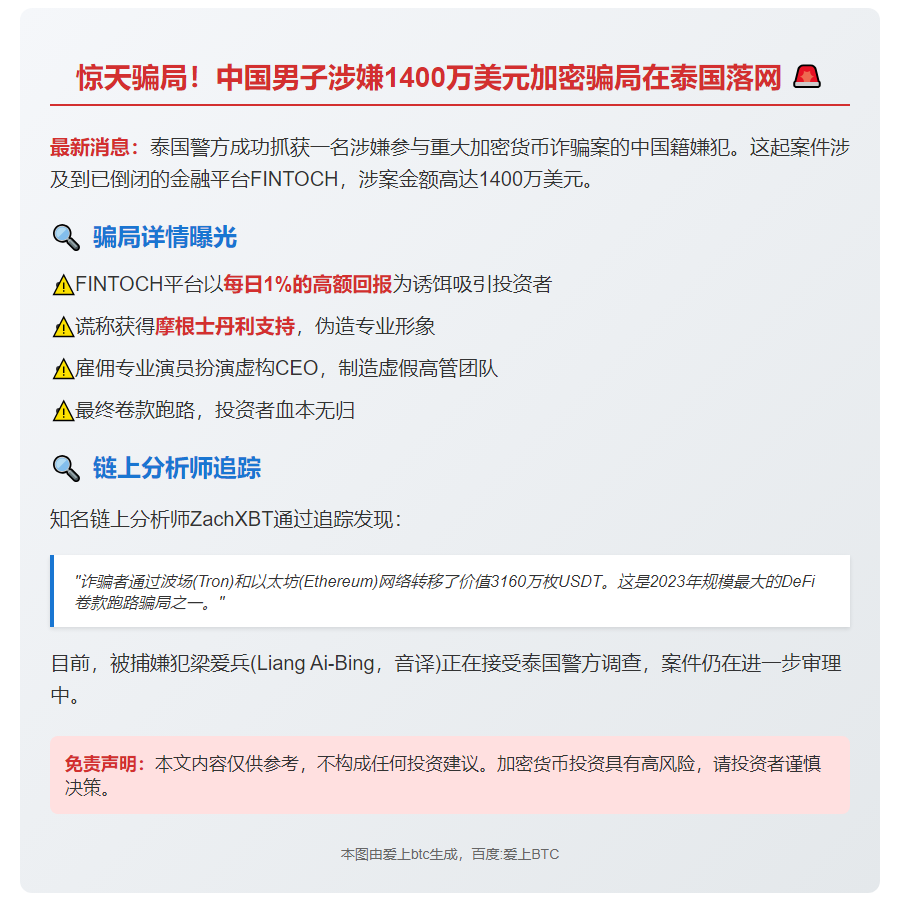 中国男子涉1400万美元加密骗局在泰被捕