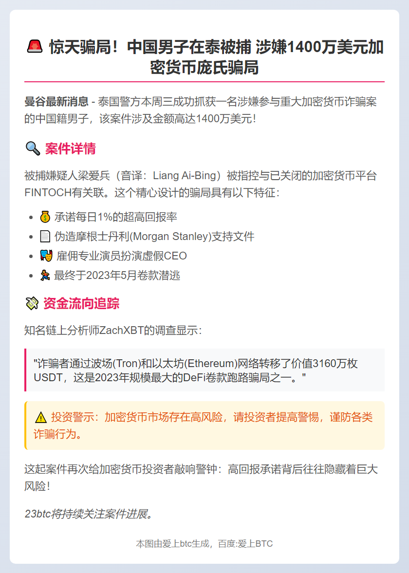 中国男子涉1400万加密骗局曼谷落网