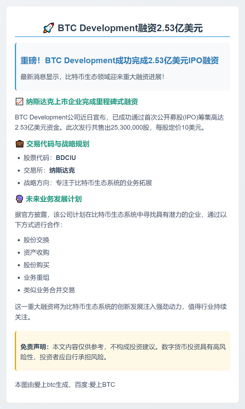 BTC Development融资2.53亿美元