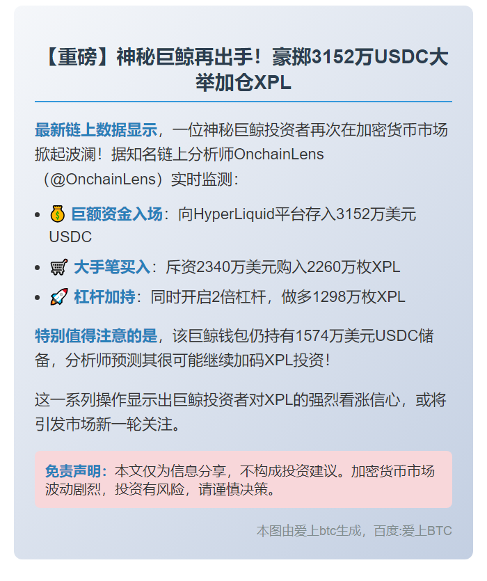 巨鲸再购2260万XPL并以2倍杠杆做多