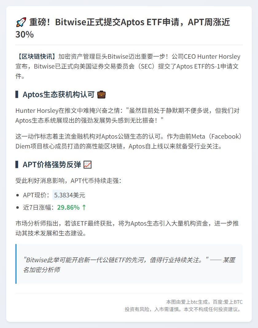 Bitwise CEO提交Aptos ETF申请