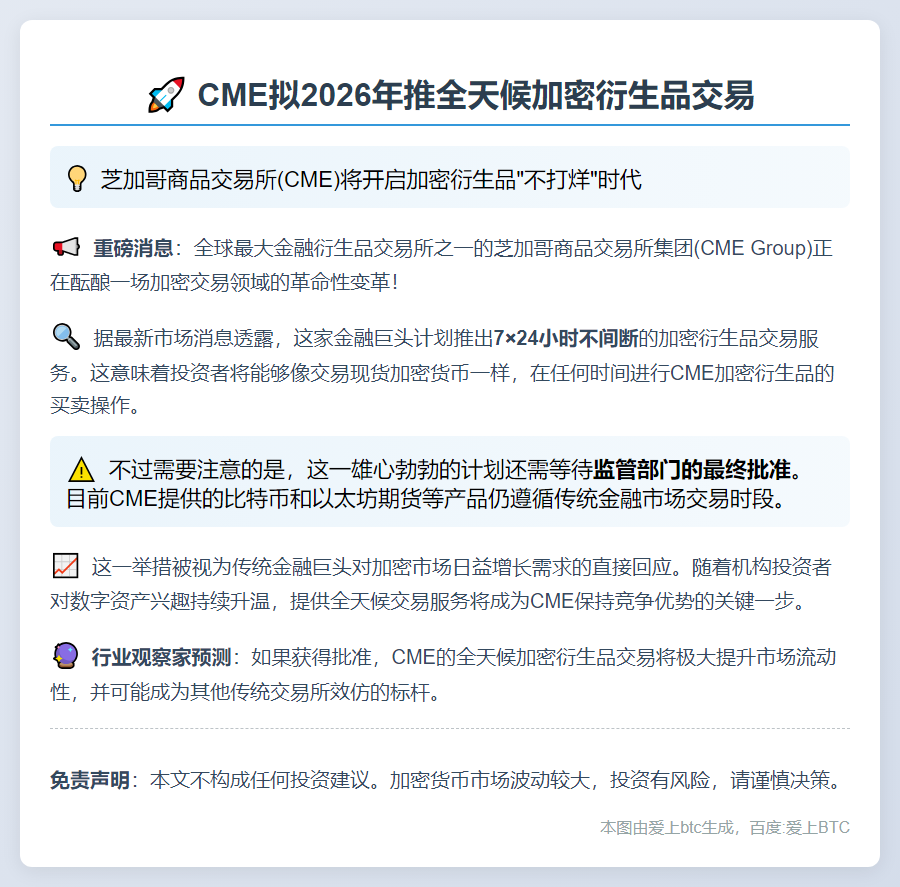 CME拟2026年推全天候加密衍生品交易