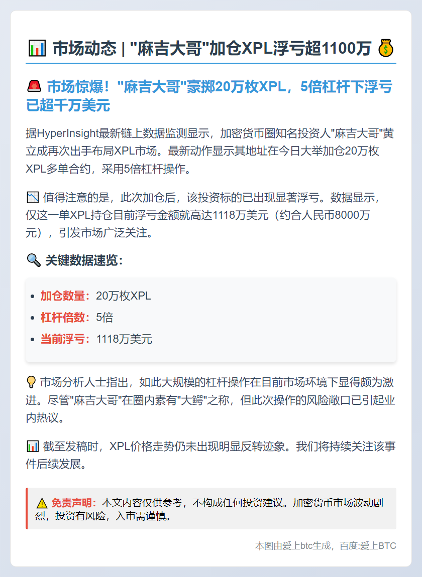 "麻吉大哥"加仓XPL浮亏超1100万