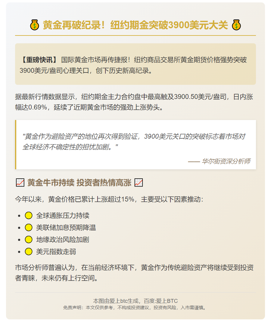 纽约期金突破3900美元创新高