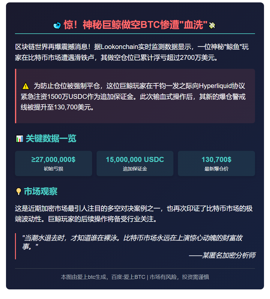 鲸鱼做空BTC爆仓，浮亏2700万