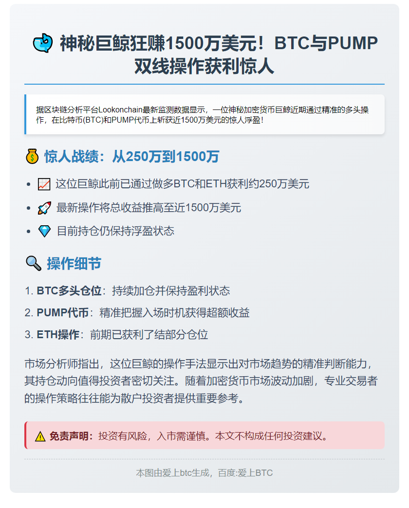 鲸鱼做多BTC与PUMP浮盈1500万