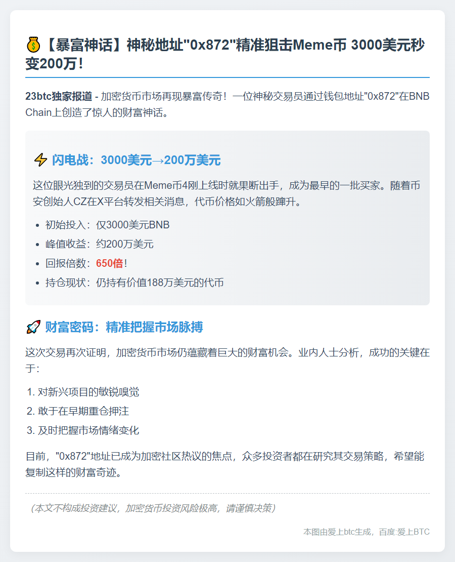 "钱包0x872交易代币4获利650倍"