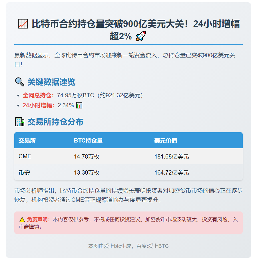 BTC合约持仓近924亿美元，日增2.34%