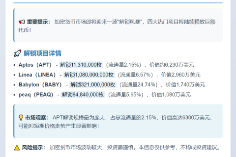 下周APT、LINEA等代币大额解锁