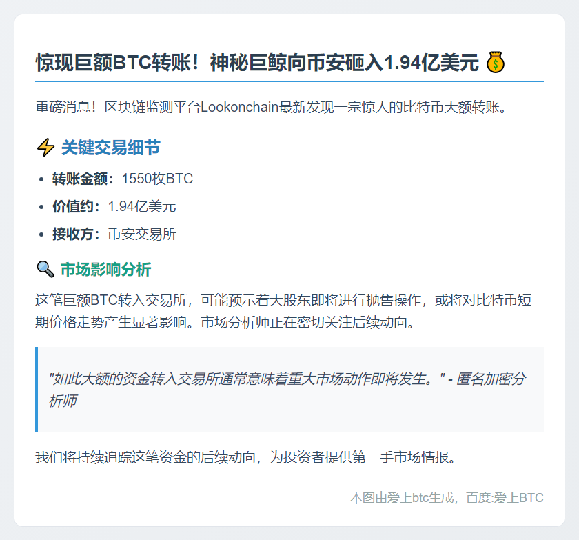 巨鲸存入1550枚BTC至币安