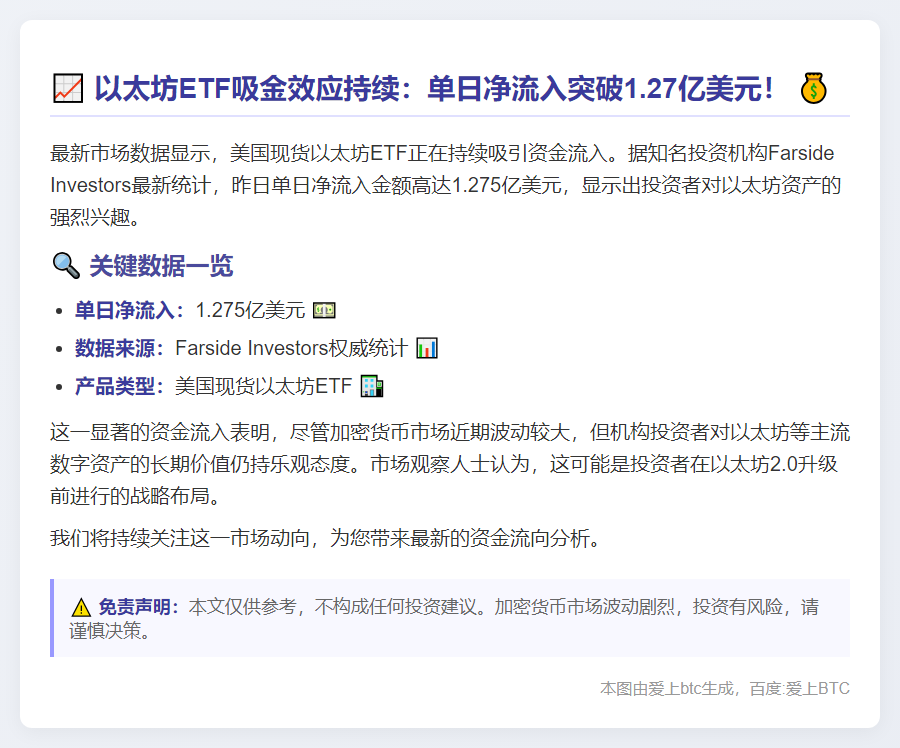 美以太坊ETF单日净流入1.275亿