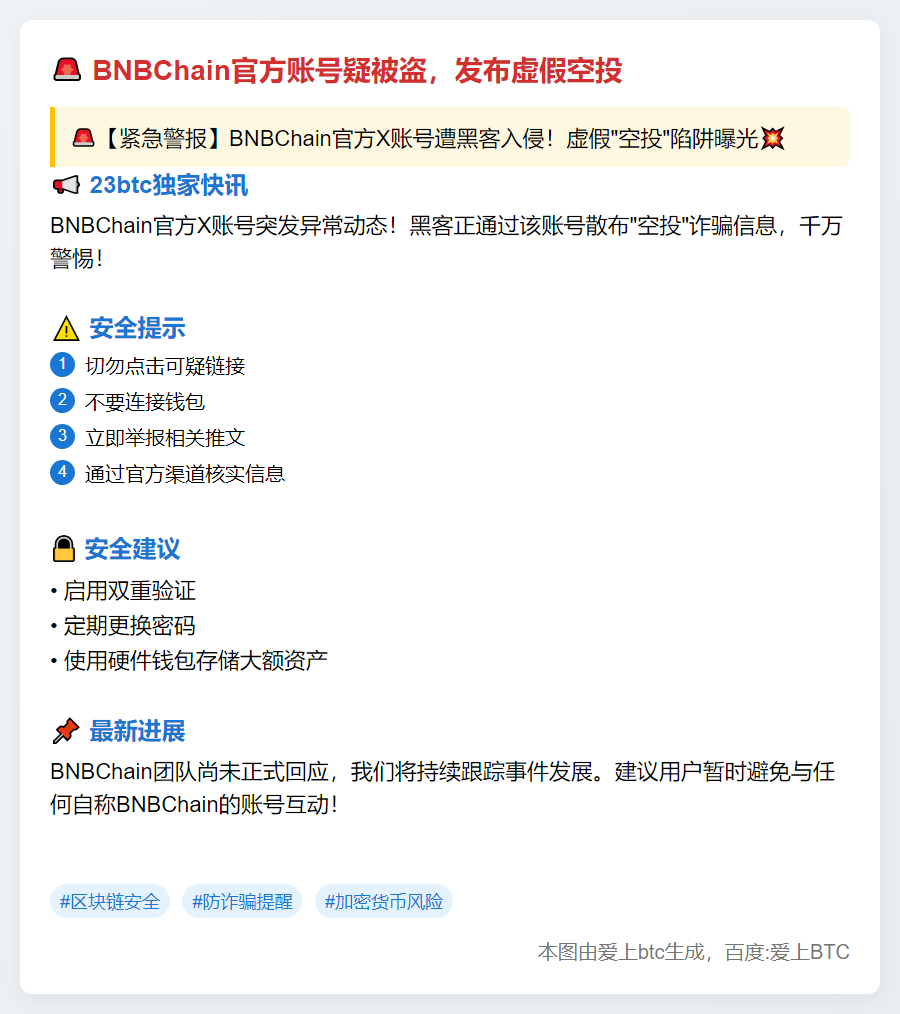 BNBChain官方账号疑被盗，发布虚假空投