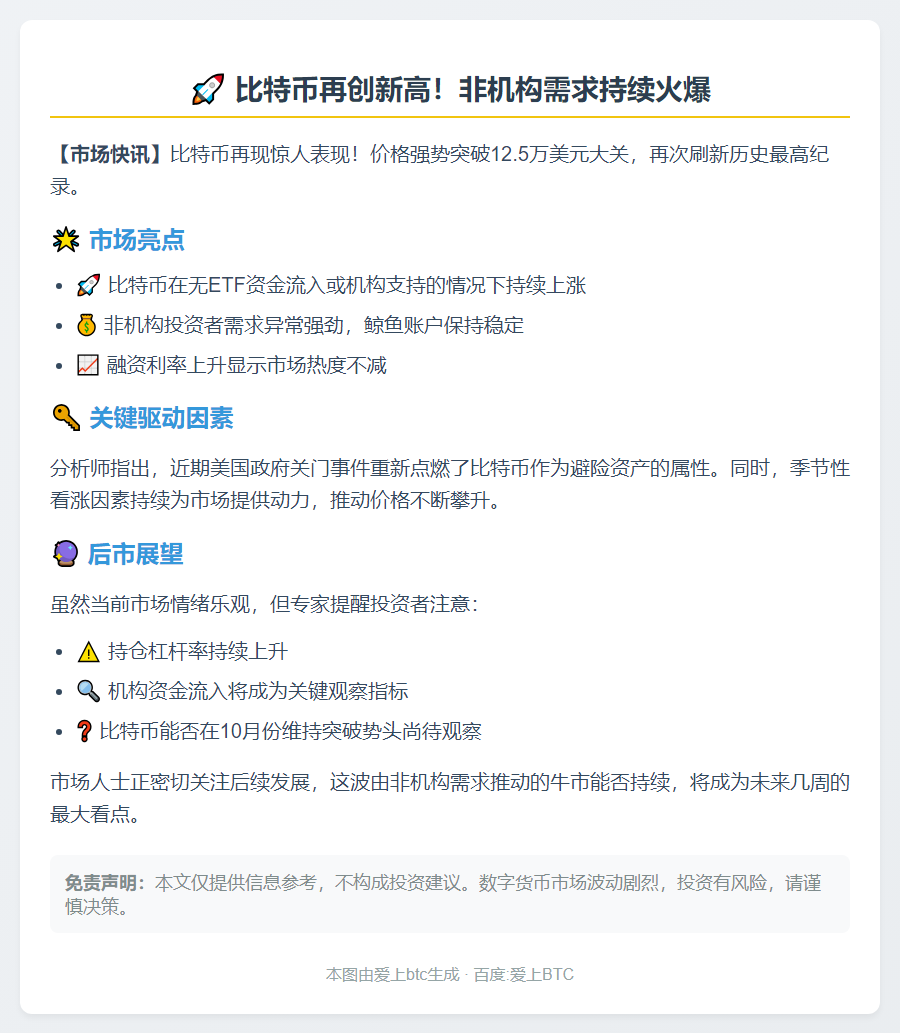 比特币再创新高，非机构需求强劲