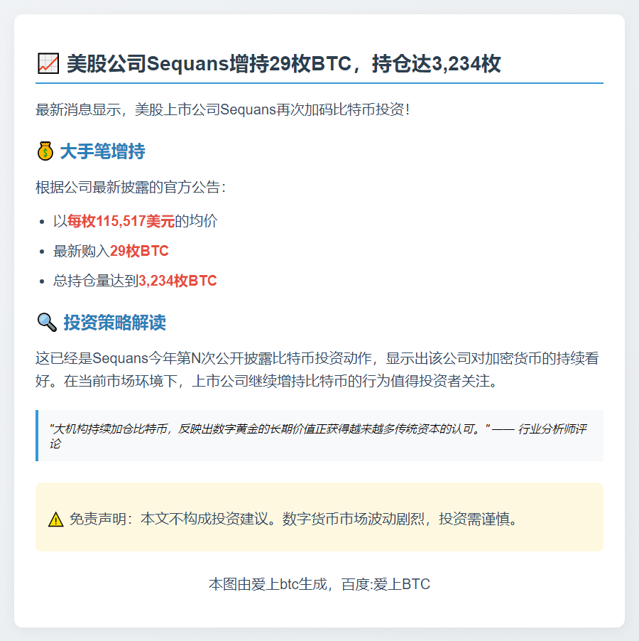 美股公司Sequans增持29枚BTC，持仓达3,234枚