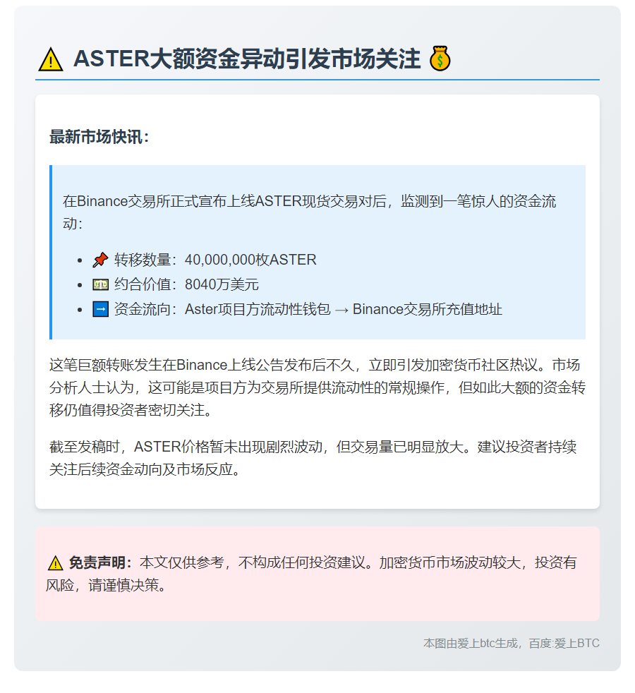 Aster 钱包向 Binance 转移 4000 万枚 ASTER