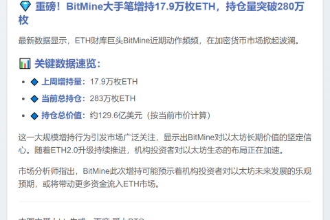 BitMine增持17.9万枚ETH