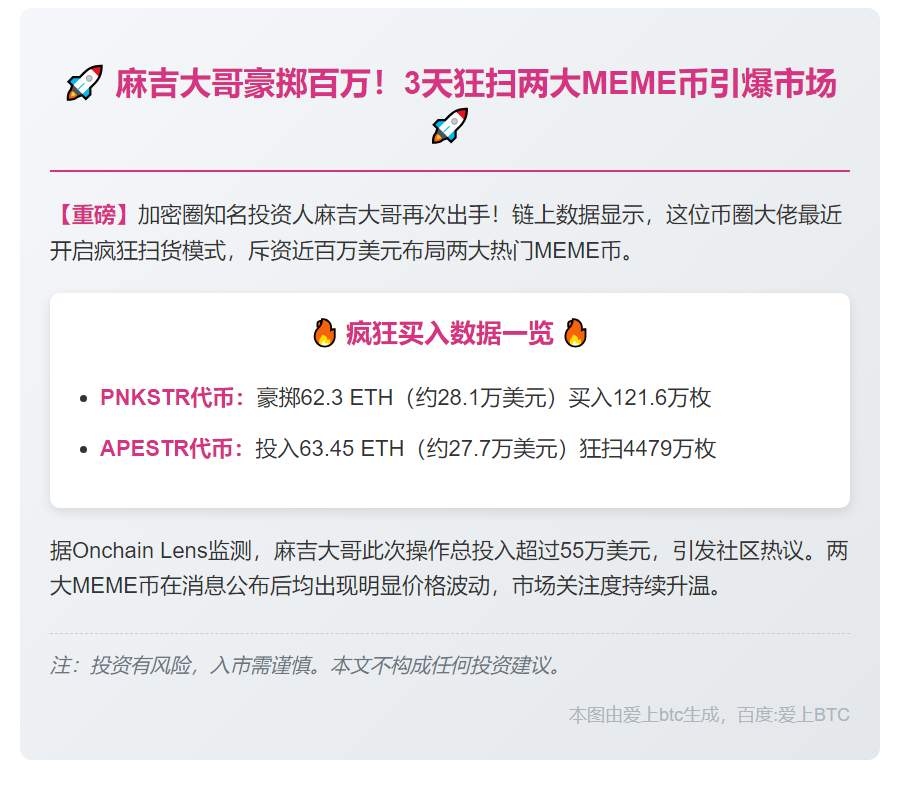 麻吉大哥3日豪掷62.3ETH购121万PNKSTR