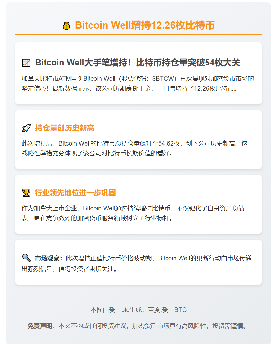 Bitcoin Well增持12.26枚比特币