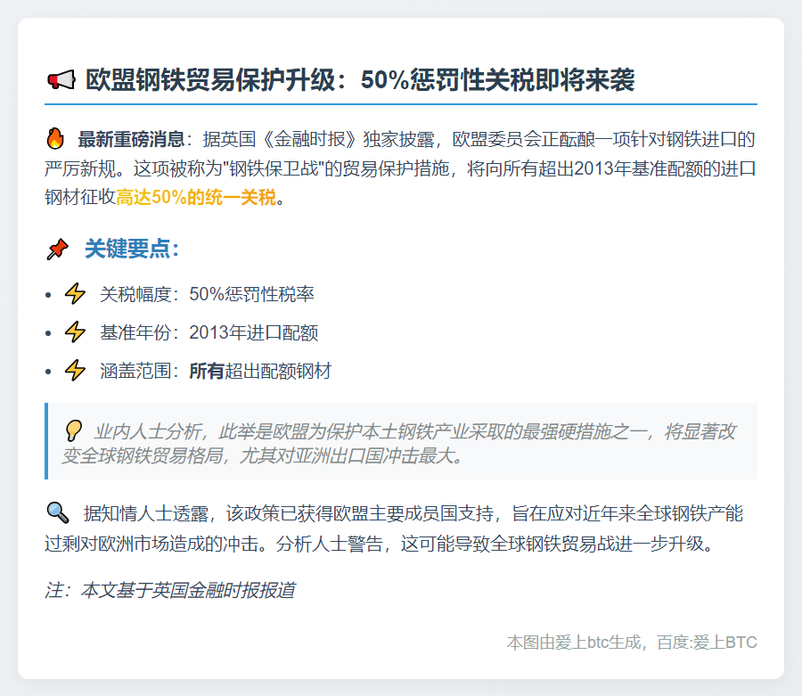 欧盟拟对超配额进口钢材加征50%关税