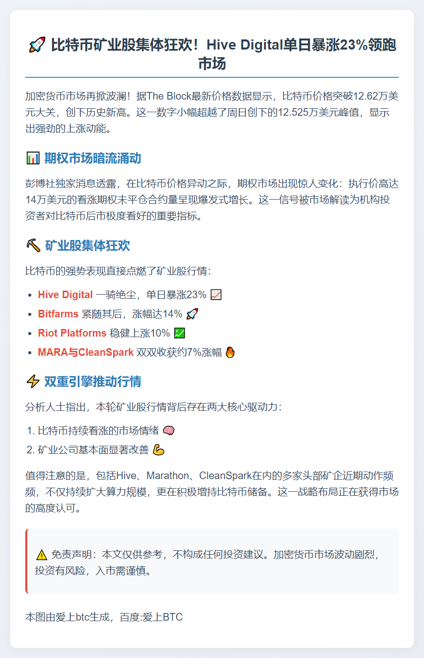 比特币矿业股大涨，Hive Digital飙升23%