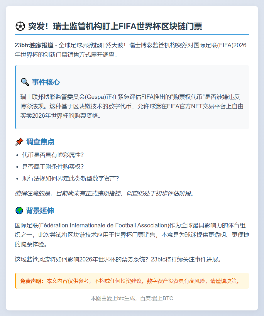 FIFA区块链门票被瑞士监管审查