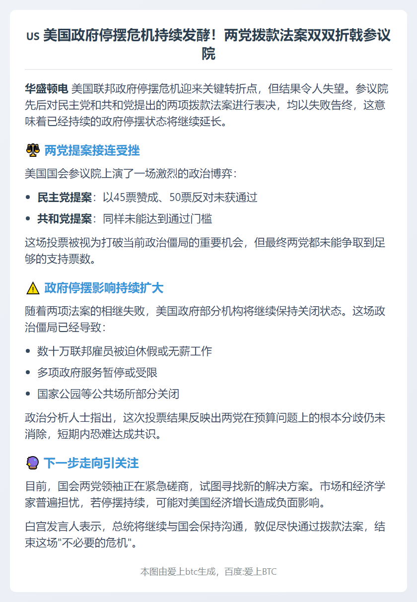 美参议院拨款法案未通过 政府继续关门